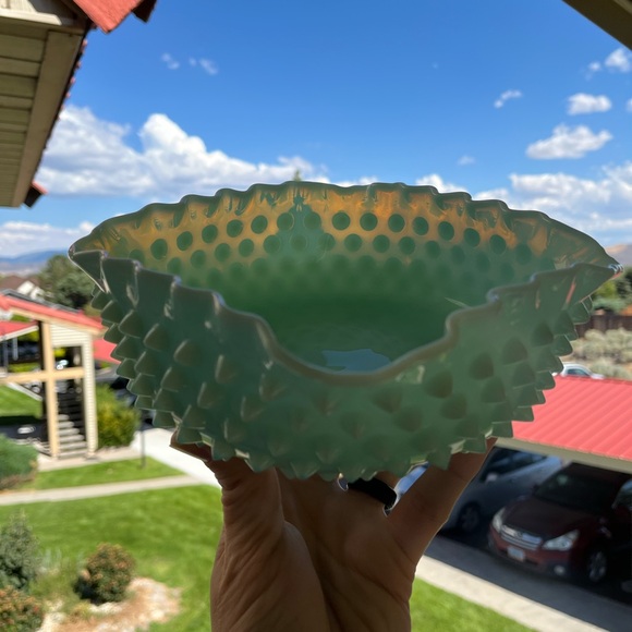 Fenton pastel green blue hobnail milk glass ruffled berry bowl / rare! - Picture 10 of 14